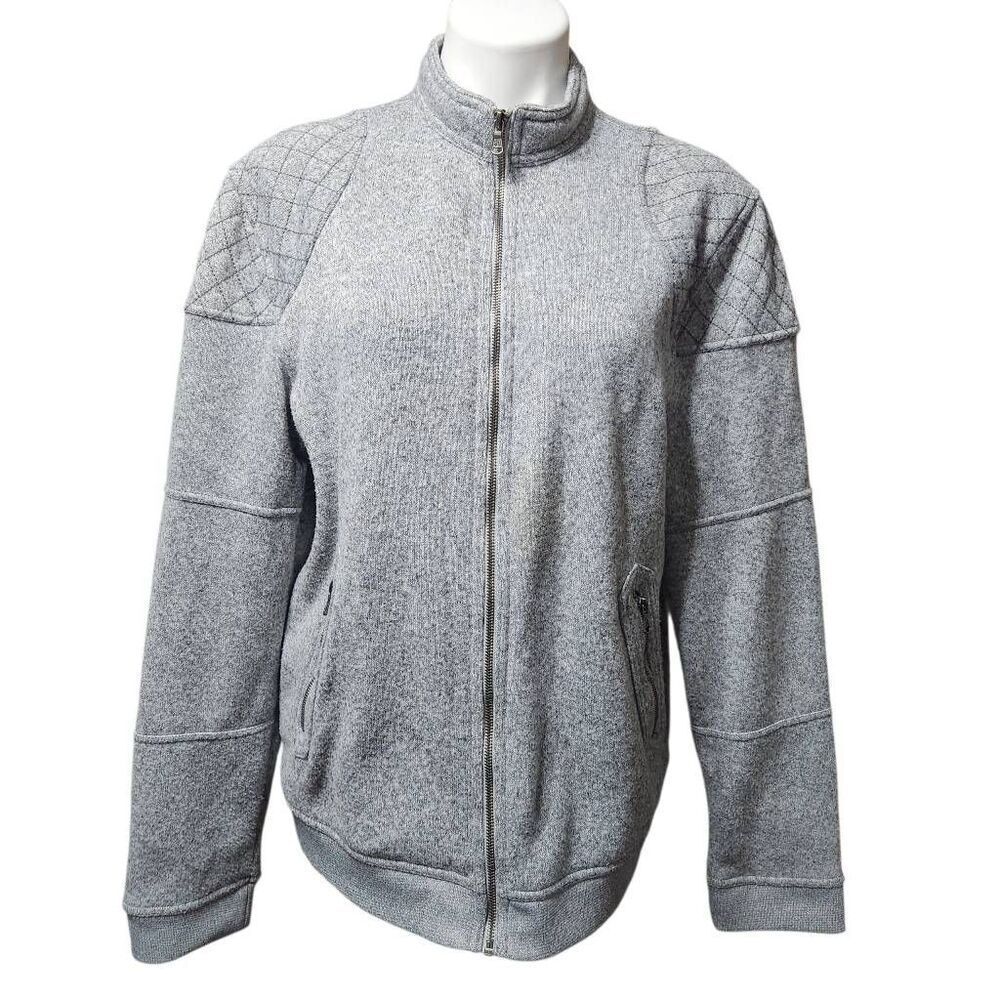 Rock & Republic zip front knit jacket gray quilted shoulders large mock neck